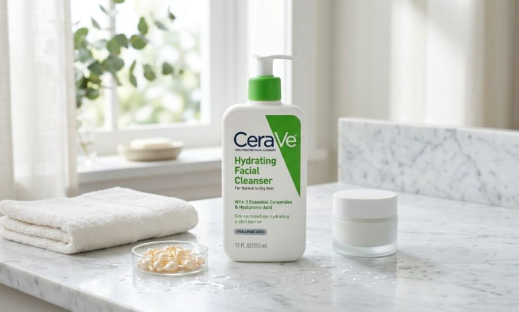 CeraVe Hydrating Facial Cleanser bottle on a bathroom countertop with soft towels, designed for gentle cleansing and hydration of dry, sensitive skin.