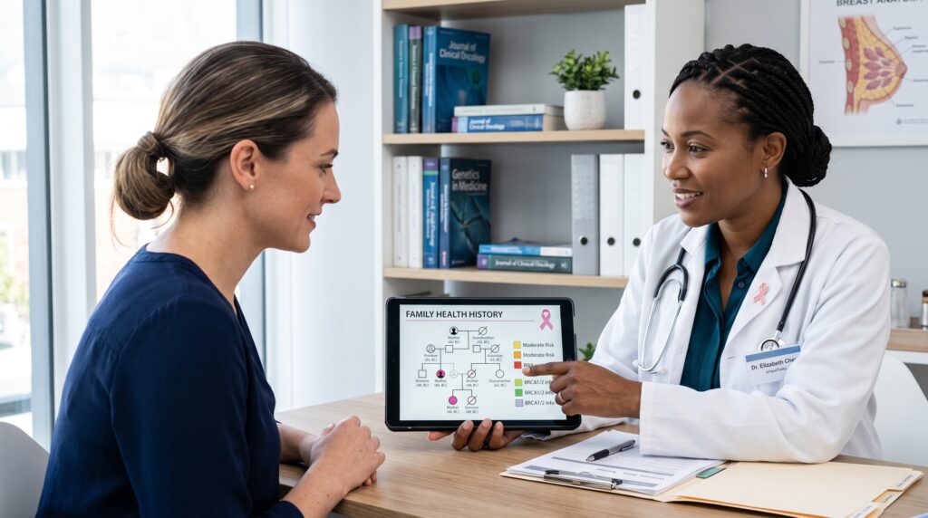 Family members reviewing their health history together, highlighting the importance of family medical background in understanding potential health risks and preventive care.