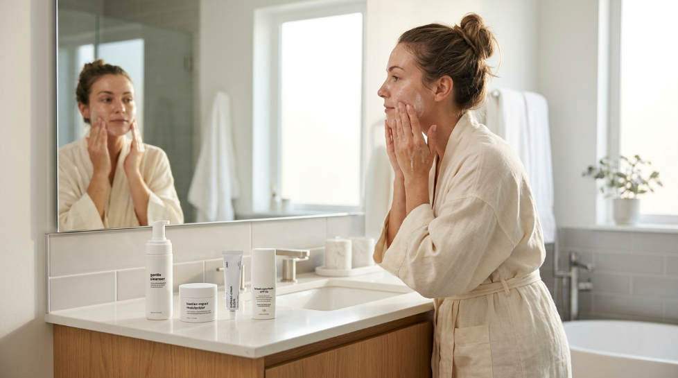 Woman cleansing her face with a gentle facial cleanser as part of a tretinoin skincare routine, with moisturizer and sunscreen displayed on the bathroom countertop.