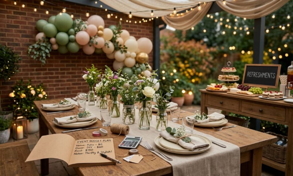 Budget-friendly event setup with DIY decorations, party supplies, food table, and event planning budget notes.