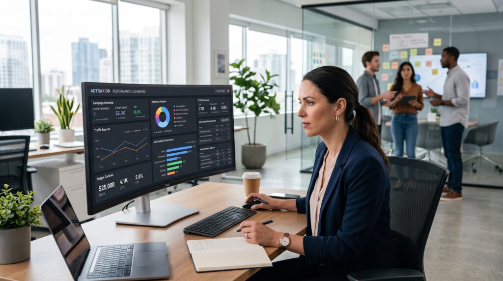 Marketing professional reviewing AdsTotally platform features including campaign management, analytics, and audience targeting tools.