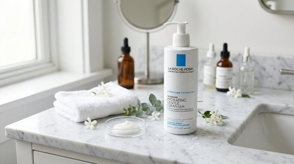 La Roche-Posay Toleriane Hydrating Gentle Cleanser bottle on a white marble vanity with skincare accessories, highlighting hydration and gentle cleansing for sensitive skin.