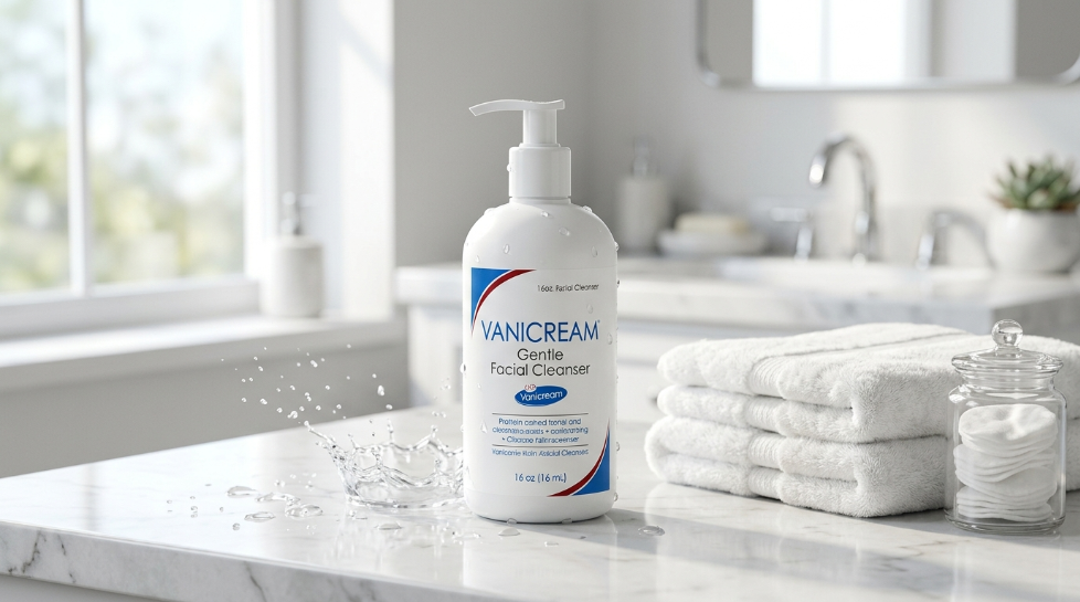 Vanicream Gentle Facial Cleanser bottle on a clean bathroom countertop with soft towels, showcasing a fragrance-free face wash for sensitive skin.