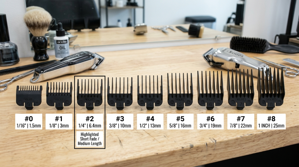 Close-up of 1/4 inch hair length showing a Number 2 clipper guard haircut, demonstrating the short and even appearance of freshly trimmed hair.