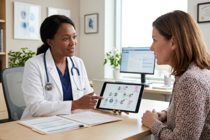 Doctor reviewing a family medical history chart with a patient during a breast cancer risk assessment consultation, illustrating how family history can influence breast cancer risk.