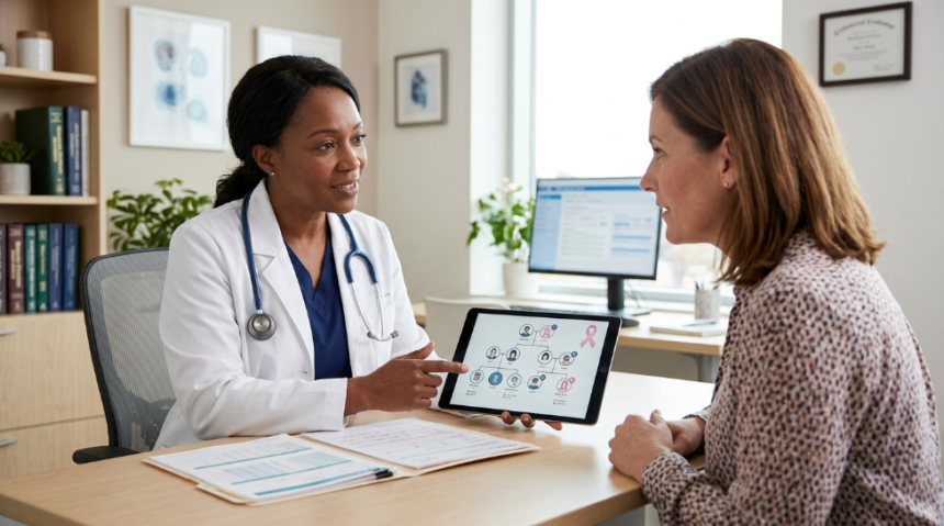 Doctor reviewing a family medical history chart with a patient during a breast cancer risk assessment consultation, illustrating how family history can influence breast cancer risk.