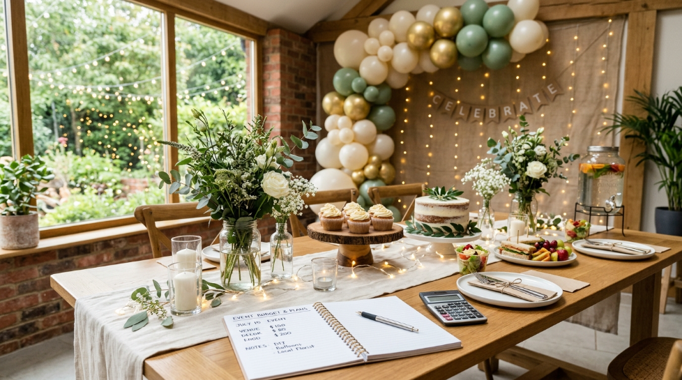 Affordable party setup featuring DIY decorations, simple table styling, balloons, and low-cost event planning supplies.