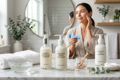 A bottle of CeraVe Hydrating Facial Cleanser displayed on a white marble bathroom countertop with soft towels, water droplets, and skincare accessories, highlighting hydration and skin barrier support for dry and sensitive skin.