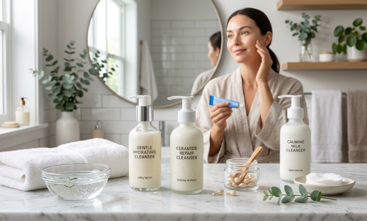 A bottle of CeraVe Hydrating Facial Cleanser displayed on a white marble bathroom countertop with soft towels, water droplets, and skincare accessories, highlighting hydration and skin barrier support for dry and sensitive skin.